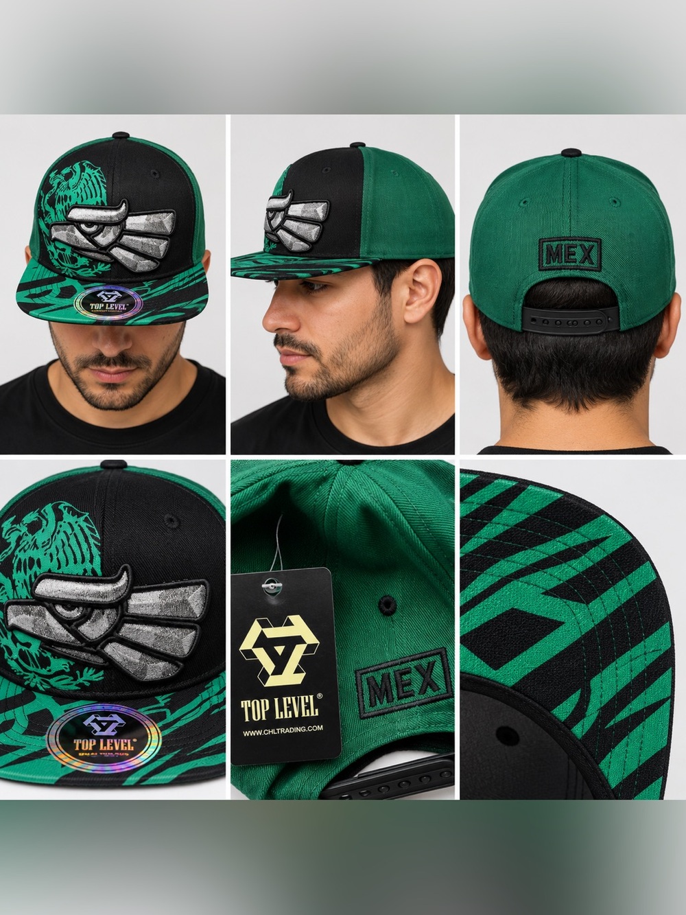Top Level MEX Snapback Hat – Green Black Silver Eagle Design‎ – Mexico  – New